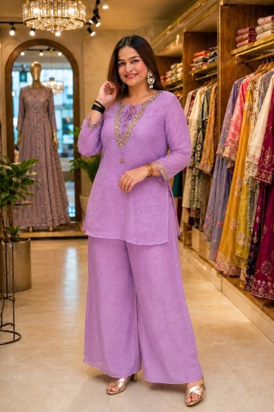 Exquisite Purple Designer Crunchy Silk Kurti Set with Embroidered Blouse and Palazzo CO ORD Sets