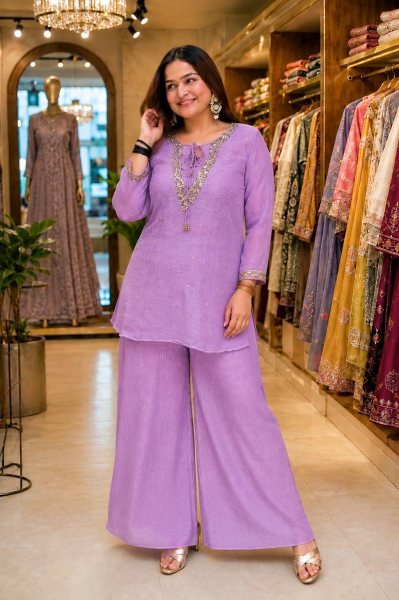 Exquisite Purple Designer Crunchy Silk Kurti Set with Embroidered Blouse and Palazzo CO ORD Sets