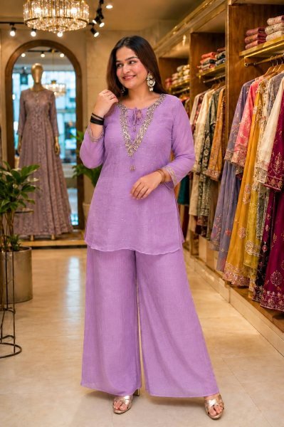 Exquisite Purple Designer Crunchy Silk Kurti Set with Embroidered Blouse and Palazzo CO ORD Sets