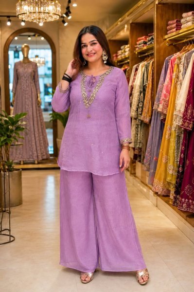Exquisite Purple Designer Crunchy Silk Kurti Set with Embroidered Blouse and Palazzo CO ORD Sets