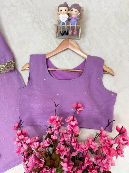 Exquisite Purple Designer Crunchy Silk Kurti Set with Embroidered Blouse and Palazzo CO ORD Sets