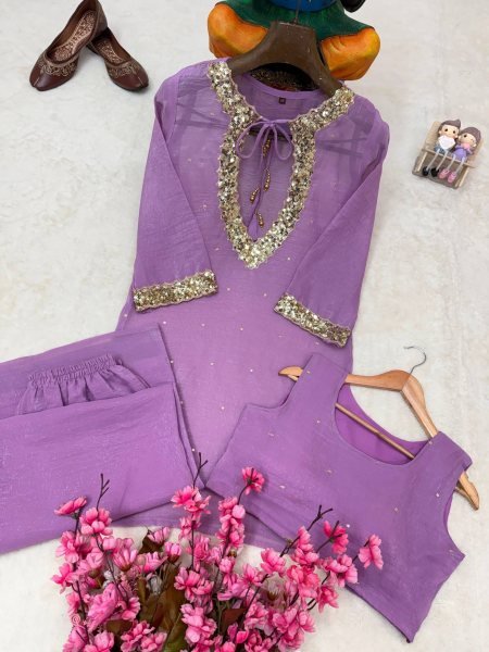 Exquisite Purple Designer Crunchy Silk Kurti Set with Embroidered Blouse and Palazzo CO ORD Sets