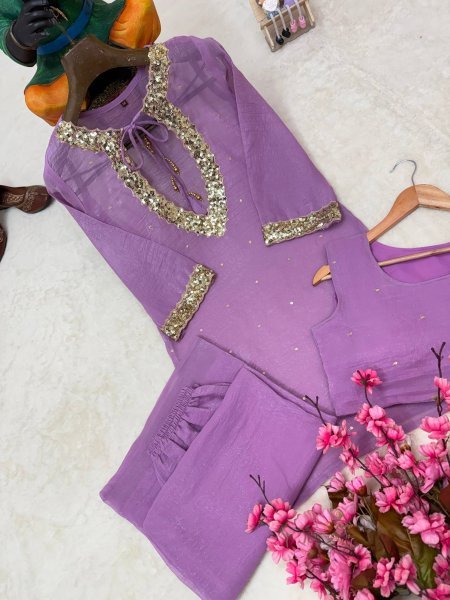Exquisite Purple Designer Crunchy Silk Kurti Set with Embroidered Blouse and Palazzo CO ORD Sets