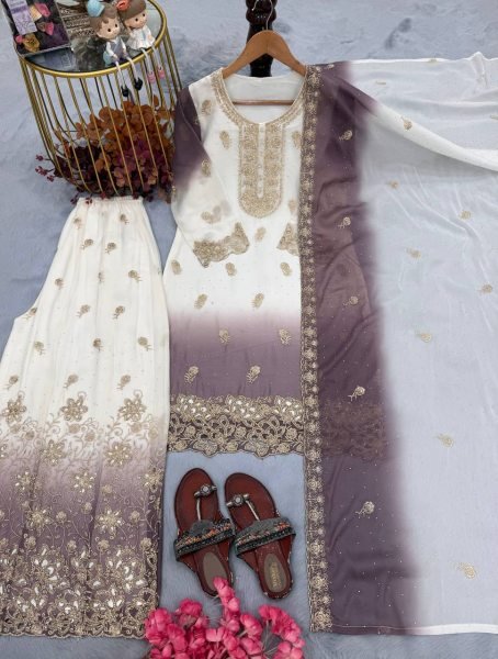 Exquisite Purple Dual Tone Georgette Top Palazzo Dupatta Set with Micro Cotton Inner Foe Festival Ready To Wear Collection