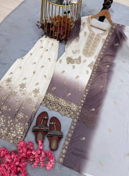 Exquisite Purple Dual Tone Georgette Top Palazzo Dupatta Set with Micro Cotton Inner Foe Festival Ready To Wear Collection