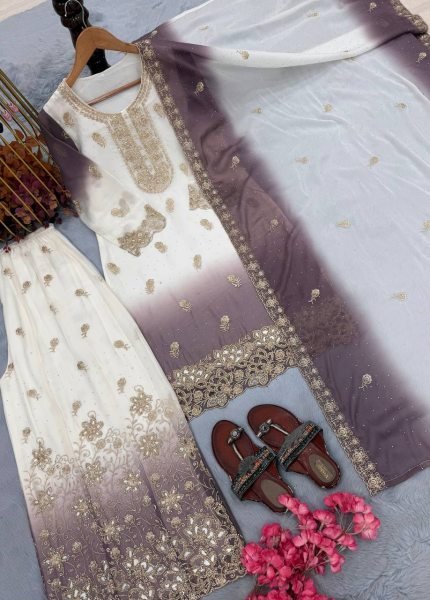 Exquisite Purple Dual Tone Georgette Top Palazzo Dupatta Set with Micro Cotton Inner Foe Festival Ready To Wear Collection