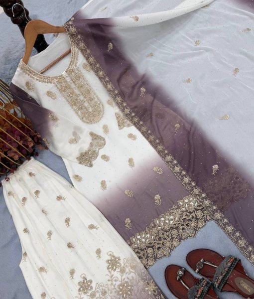 Exquisite Purple Dual Tone Georgette Top Palazzo Dupatta Set with Micro Cotton Inner Foe Festival Ready To Wear Collection