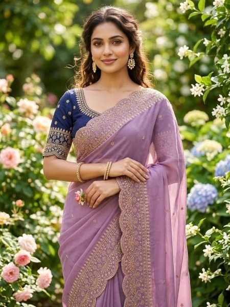 Exquisite Purple Festive Wear Embroidered Saree in Star Georgette Fabric for Women Sarees 