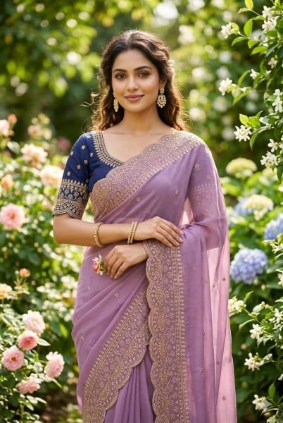 Exquisite Purple Festive Wear Embroidered Saree in Star Georgette Fabric for Women Embroidery Sarees Wholesale