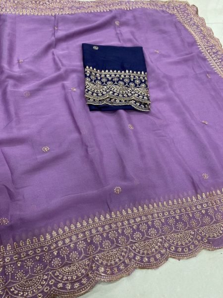 Exquisite Purple Festive Wear Embroidered Saree in Star Georgette Fabric for Women Embroidery Sarees Wholesale