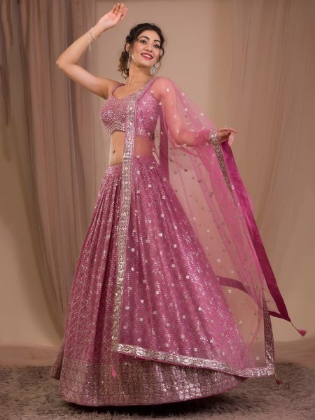 Exquisite Purple Georgette Lehenga Choli with Soft Net Embroidered Dupatta For Reception  Lehenga