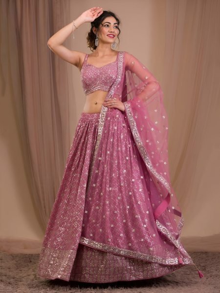 Exquisite Purple Georgette Lehenga Choli with Soft Net Embroidered Dupatta For Reception Bridal Lehenga Choli
