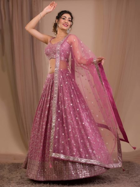 Exquisite Purple Georgette Lehenga Choli with Soft Net Embroidered Dupatta For Reception Bridal Lehenga Choli