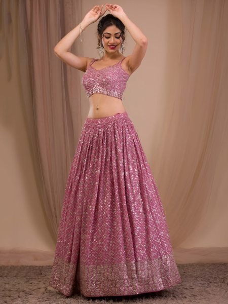 Exquisite Purple Georgette Lehenga Choli with Soft Net Embroidered Dupatta For Reception Bridal Lehenga Choli