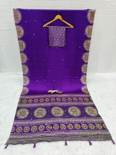 Exquisite Purple Japan Satin Silk Saree with Heavy Mirror Work and Viscose Border Sarees 