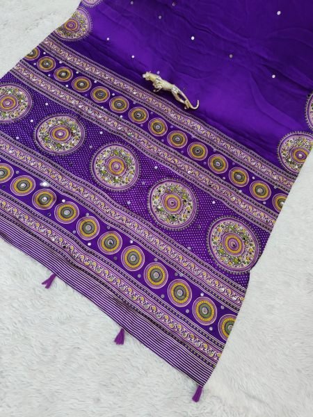Exquisite Purple Japan Satin Silk Saree with Heavy Mirror Work and Viscose Border Silk Sarees Wholesale