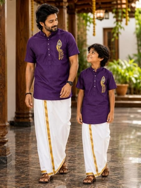 Exquisite Purple Men’s Printed Jippa and Kids Matching Jippa Set at Wholesale Rate Mens Wear