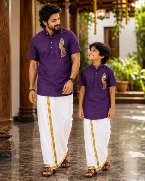 Exquisite Purple Men’s Printed Jippa and Kids Matching Jippa Set at Wholesale Rate Father Son Collection 