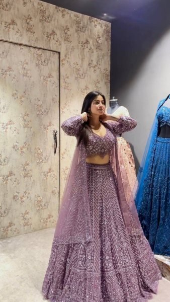 Exquisite Purple Net Lehenga Choli with Front and Back Sequin Embroidered Blouse Designer Lehenga Choli