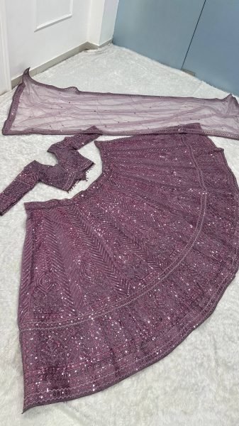 Exquisite Purple Net Lehenga Choli with Front and Back Sequin Embroidered Blouse Designer Lehenga Choli