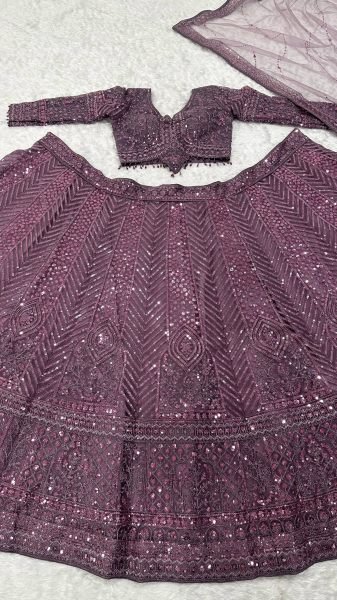 Exquisite Purple Net Lehenga Choli with Front and Back Sequin Embroidered Blouse Designer Lehenga Choli