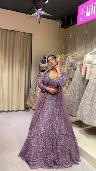 Exquisite Purple Net Lehenga Choli with Front and Back Sequin Embroidered Blouse Designer Lehenga Choli