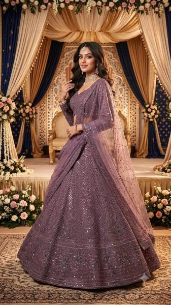 Exquisite Purple Net Lehenga Choli with Front and Back Sequin Embroidered Blouse Designer Lehenga Choli