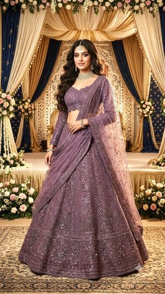 Exquisite Purple Net Lehenga Choli with Front and Back Sequin Embroidered Blouse Designer Lehenga Choli