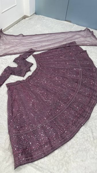Exquisite Purple Net Lehenga Choli with Front and Back Sequin Embroidered Blouse Designer Lehenga Choli