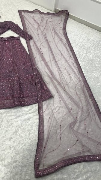 Exquisite Purple Net Lehenga Choli with Front and Back Sequin Embroidered Blouse Designer Lehenga Choli