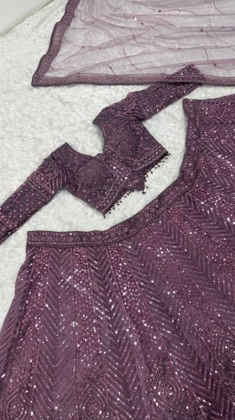 Exquisite Purple Net Lehenga Choli with Front and Back Sequin Embroidered Blouse Designer Lehenga Choli