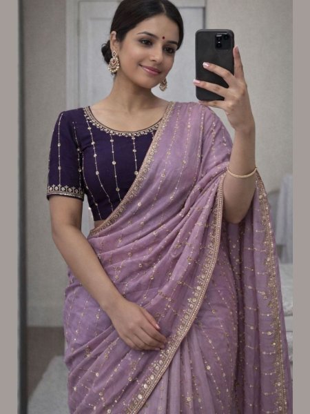 Exquisite Purple Saree with Contrast Blouse for Festive Collection