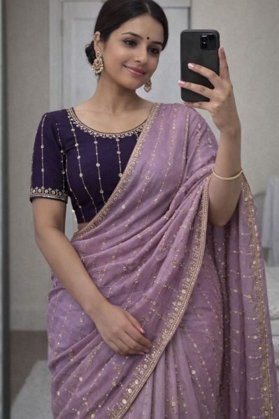 Exquisite Purple Saree with Contrast Blouse for Festive Collection Silk Sarees Wholesale