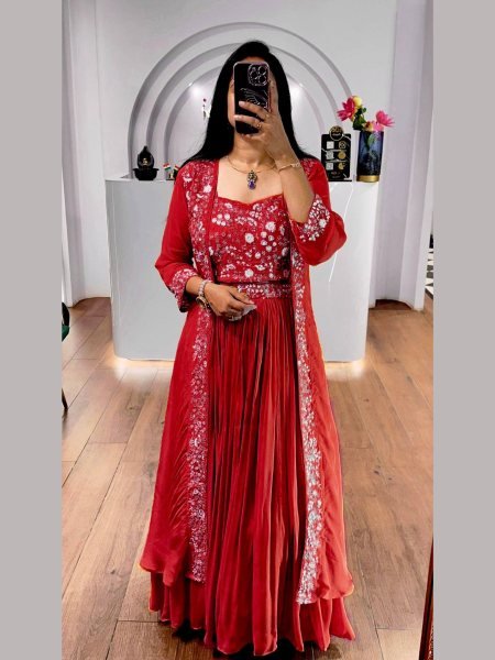 Exquisite Red Faux Georgette Blouse with Embroidered Shrug   Lehenga Set at Wedding Wear  Lehenga