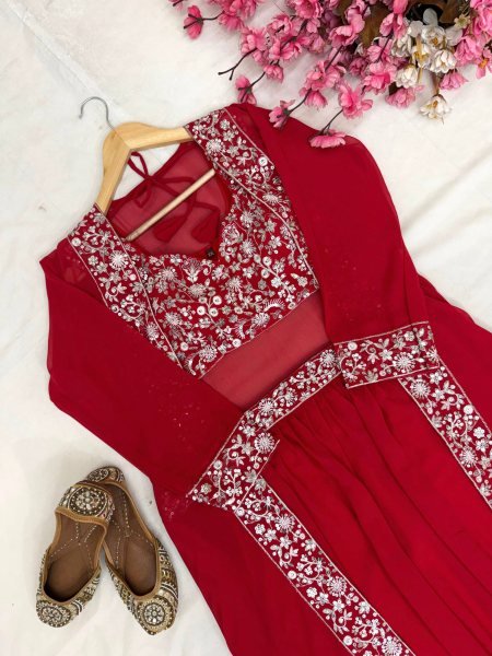 Exquisite Red Faux Georgette Blouse with Embroidered Shrug   Lehenga Set at Wedding Wear Designer Lehenga Choli