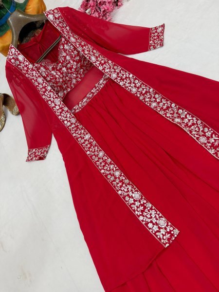 Exquisite Red Faux Georgette Blouse with Embroidered Shrug   Lehenga Set at Wedding Wear Designer Lehenga Choli