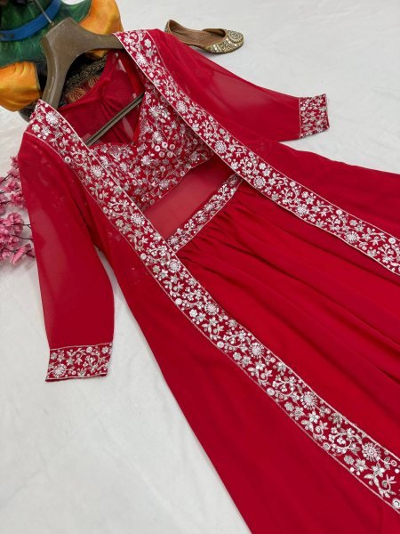 Exquisite Red Faux Georgette Blouse with Embroidered Shrug   Lehenga Set at Wedding Wear Designer Lehenga Choli