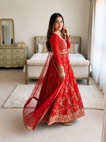 Exquisite Red Georgette Gown Set with Full Sleeves Using Sequence and Moti Work For Wedding Wear Ready To Wear Collection
