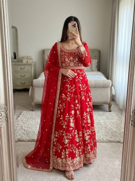 Exquisite Red Georgette Gown Set with Full Sleeves Using Sequence and Moti Work For Wedding Wear Ready To Wear Collection