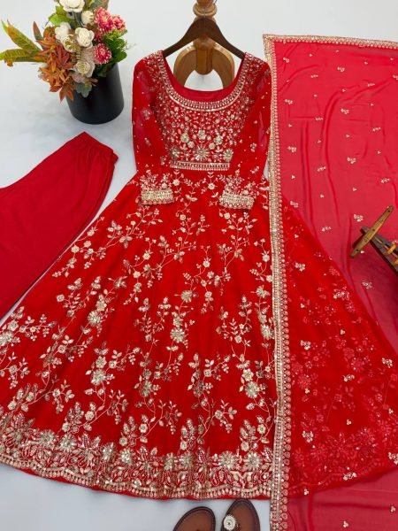 Exquisite Red Georgette Gown Set with Full Sleeves Using Sequence and Moti Work For Wedding Wear Ready To Wear Collection