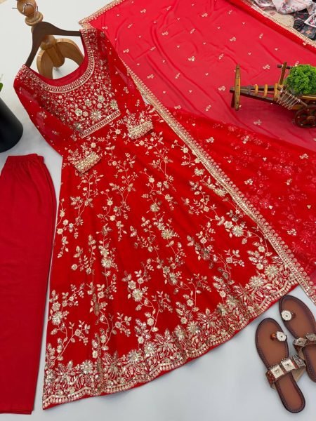 Exquisite Red Georgette Gown Set with Full Sleeves Using Sequence and Moti Work For Wedding Wear Ready To Wear Collection