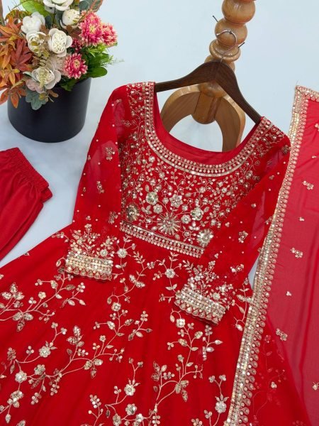 Exquisite Red Georgette Gown Set with Full Sleeves Using Sequence and Moti Work For Wedding Wear Ready To Wear Collection