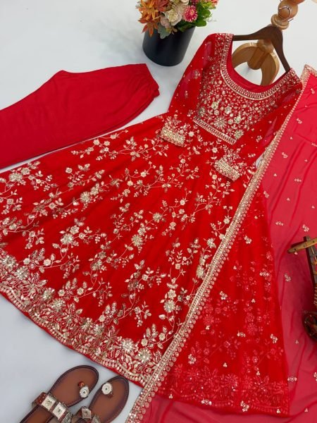 Exquisite Red Georgette Gown Set with Full Sleeves Using Sequence and Moti Work For Wedding Wear Ready To Wear Collection