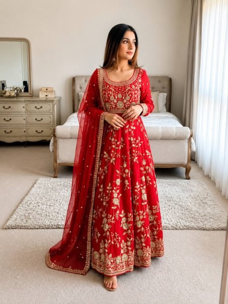 Exquisite Red Georgette Gown Set with Full Sleeves Using Sequence and Moti Work For Wedding Wear Ready To Wear Collection