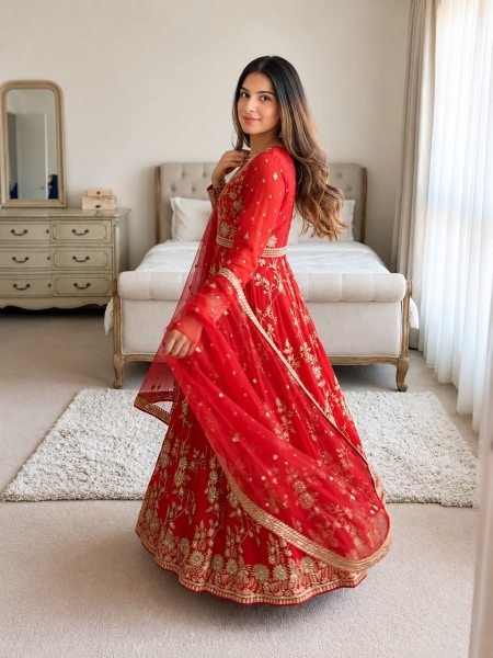 Exquisite Red Georgette Gown Set with Full Sleeves Using Sequence and Moti Work For Wedding Wear Ready To Wear Collection