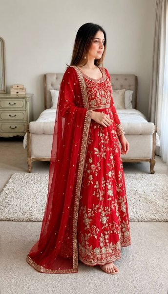 Exquisite Red Georgette Gown Set with Full Sleeves Using Sequence and Moti Work For Wedding Wear Ready To Wear Collection