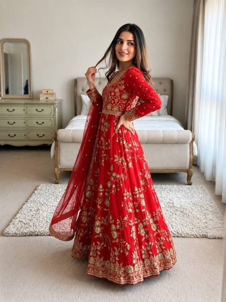 Exquisite Red Georgette Gown Set with Full Sleeves Using Sequence and Moti Work For Wedding Wear Ready To Wear Collection