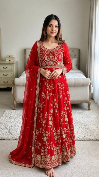 Exquisite Red Georgette Gown Set with Full Sleeves Using Sequence and Moti Work For Wedding Wear Ready To Wear Collection