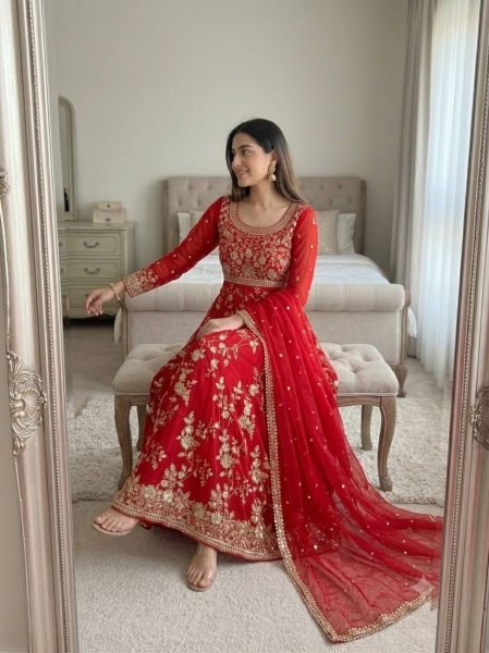 Exquisite Red Georgette Gown Set with Full Sleeves Using Sequence and Moti Work For Wedding Wear Ready To Wear Collection
