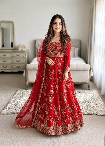 Exquisite Red Georgette Gown Set with Full Sleeves Using Sequence and Moti Work For Wedding Wear Ready To Wear Collection